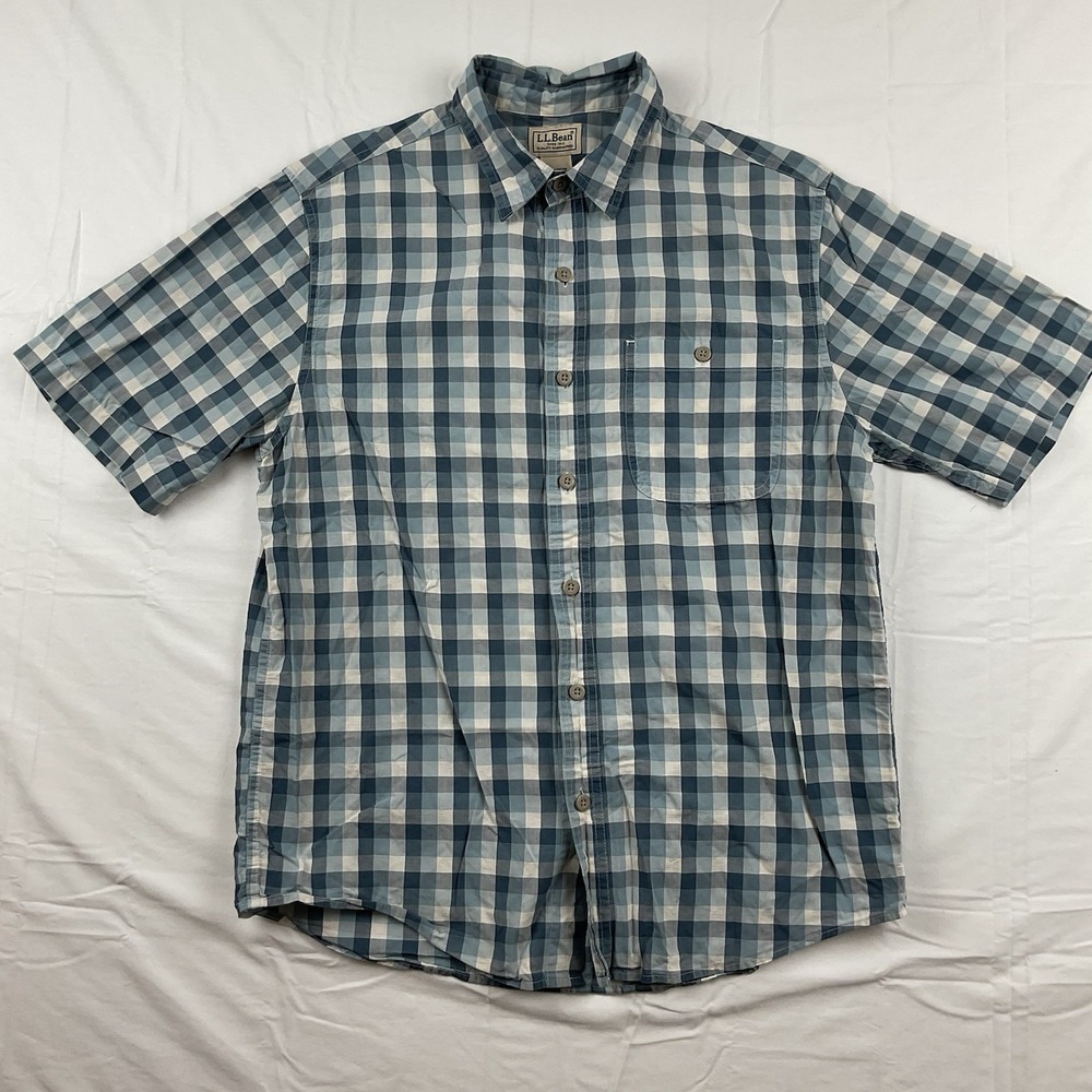 LL Bean Mens S Button‎ Down Shirt Blue Plaid Short Sleeve Outdoor Casual Cotton